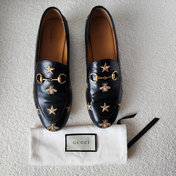 Gucci Shoes - Gucci Bee & Star Embroidered Horsebit Jordaan Loafers Black & Gold